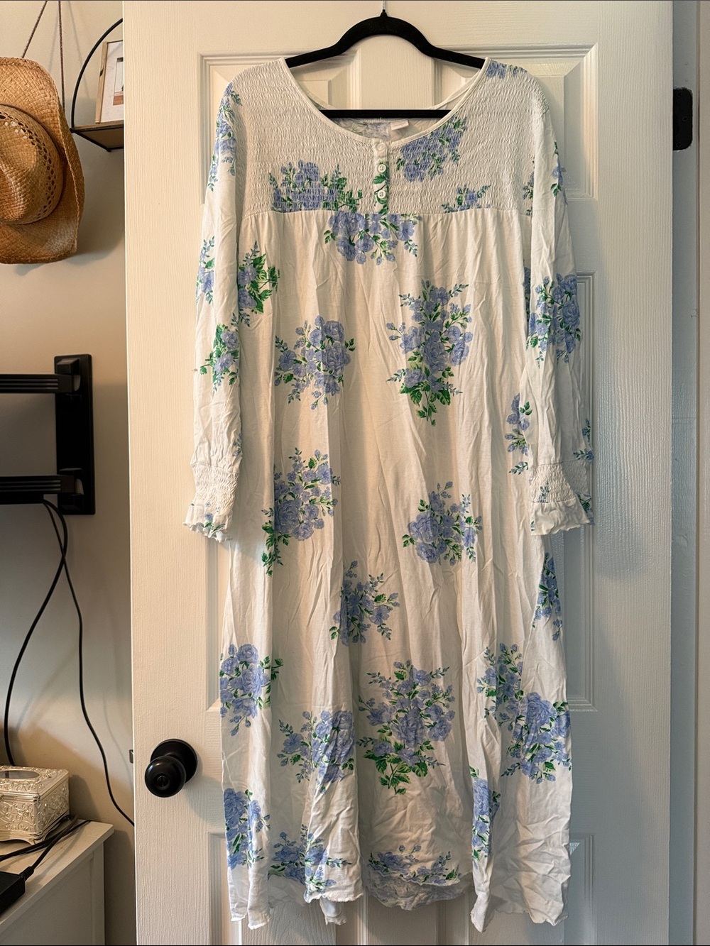 Women’s White Floral Midi Dress with Blue & Green Print